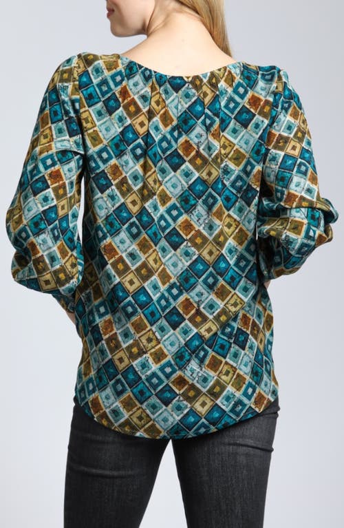Apny Printed Smocked Cuff Top In Green Multi