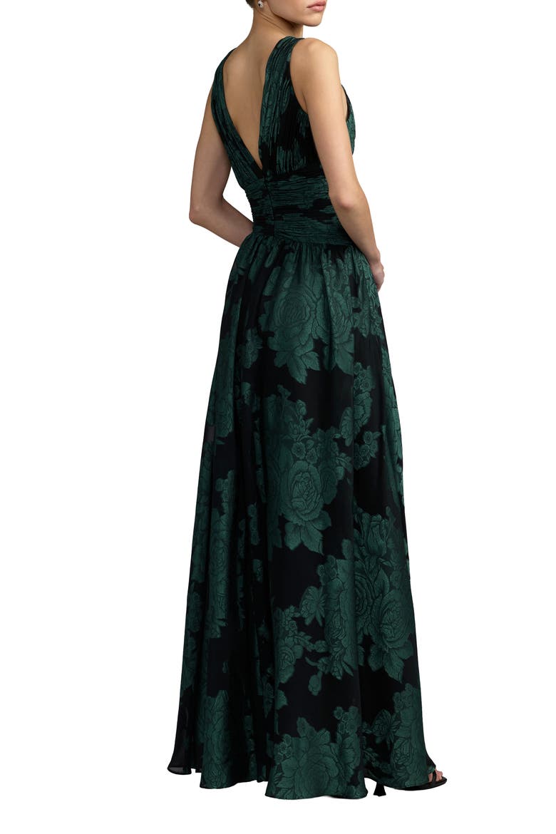 Burnout Chiffon Sleeveless V Neck A Line Gown, Alternate, color, Emerald Multi