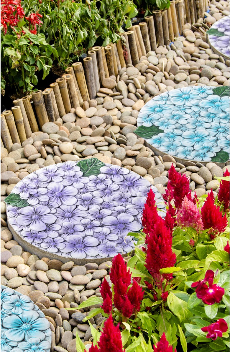 Glitzhome Set of 2 Cement Blue and Purple Hydrangea Textured Stepping Stones, Alternate, color, Blue