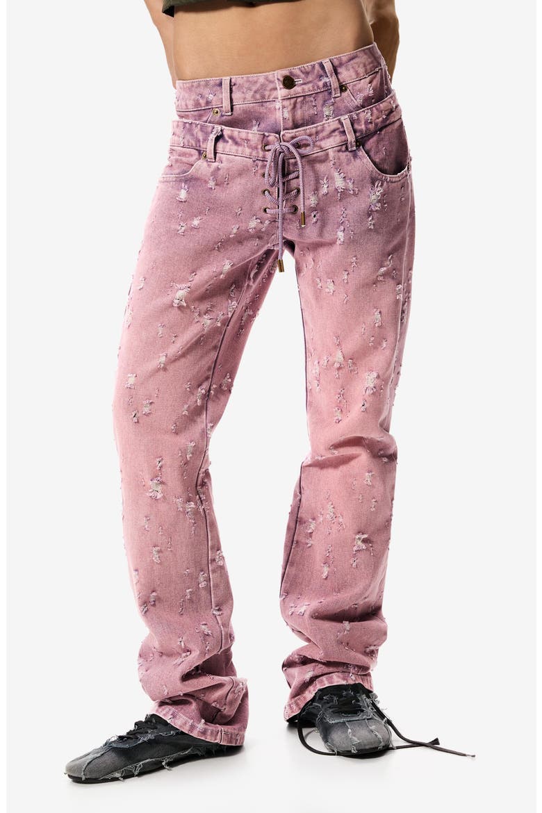 Double Waist Distress Straight Leg Jeans, Main, color, PINK