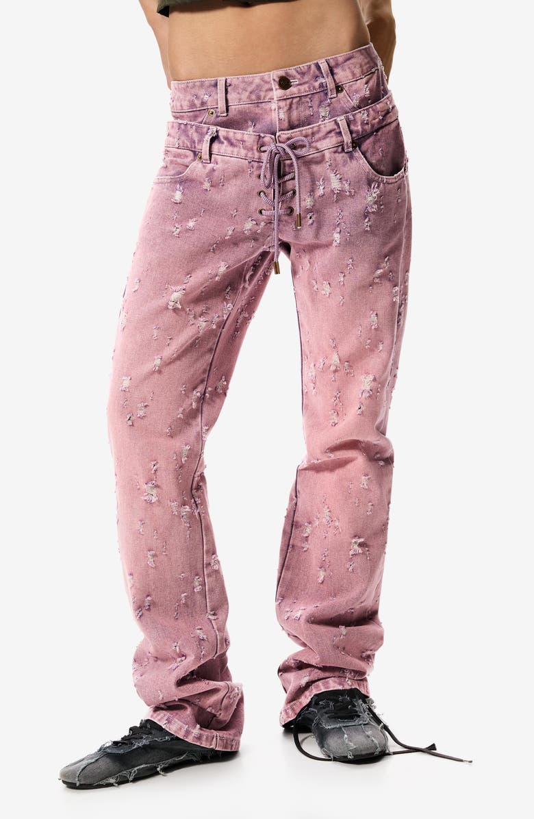 Desigual Double Waist Distress Straight Leg Jeans, Main, color, Pink