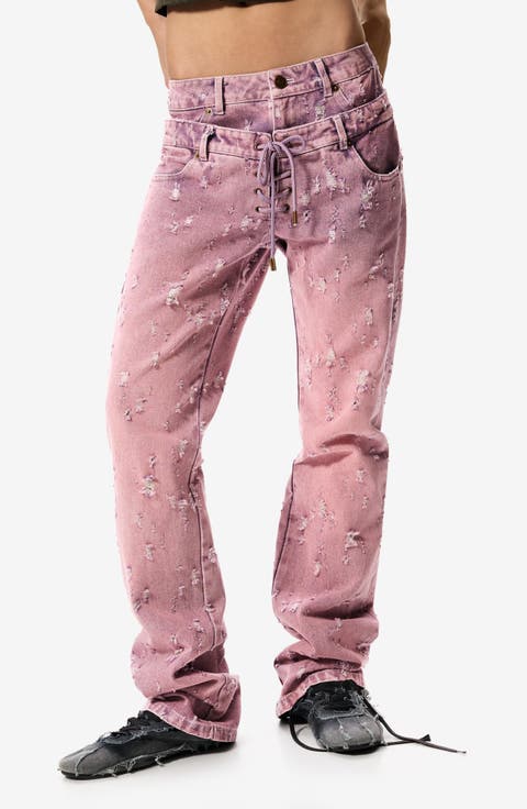Double Waist Distress Straight Leg Jeans