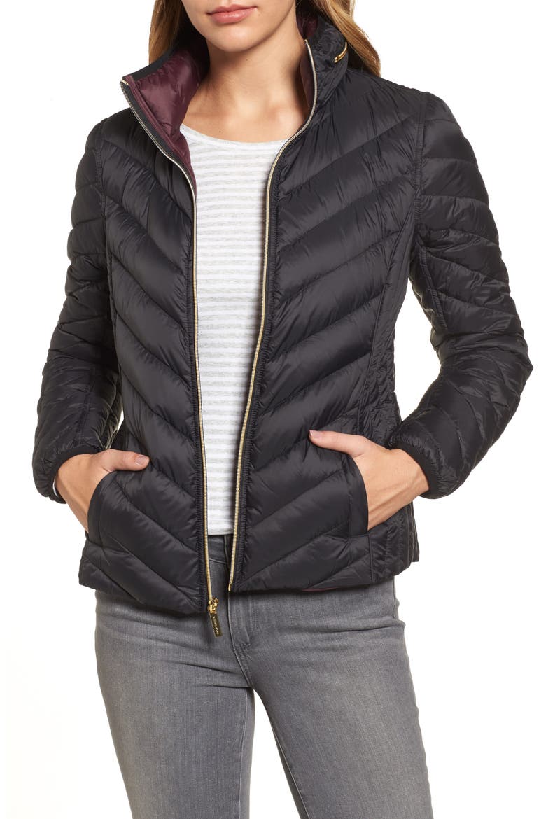 Chevron Quilted Packable Down Puffer Jacket with Stowaway Hood, Main, color, BLACK