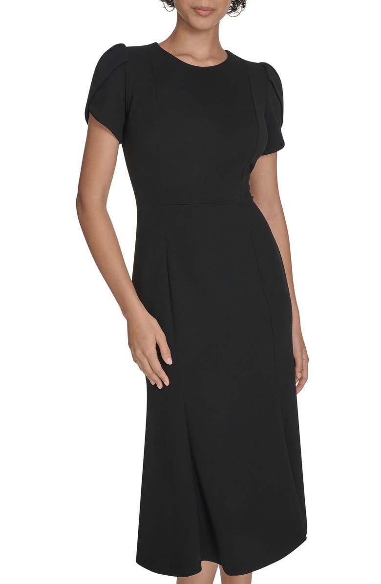 Calvin Klein Tulip Sleeve Crepe A-Line Midi Dress, Alternate, color, Black
