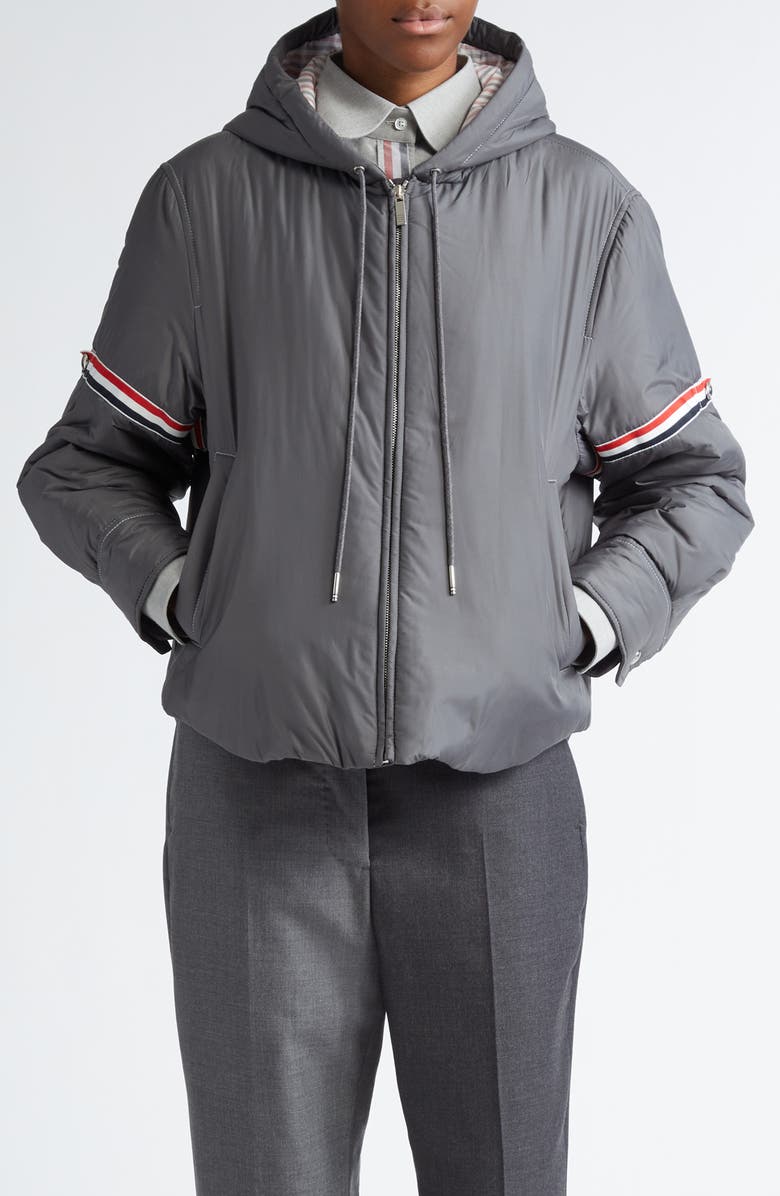 Thom Browne Tricolor Armband Down Hooded Jacket, Main, color, 