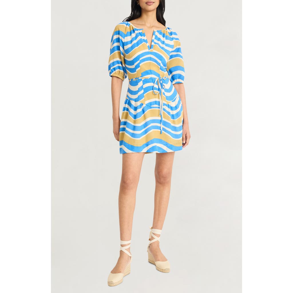 Shop The Good Journey Puff Sleeve Drop Waist Babydoll Minidress In Blue/cream