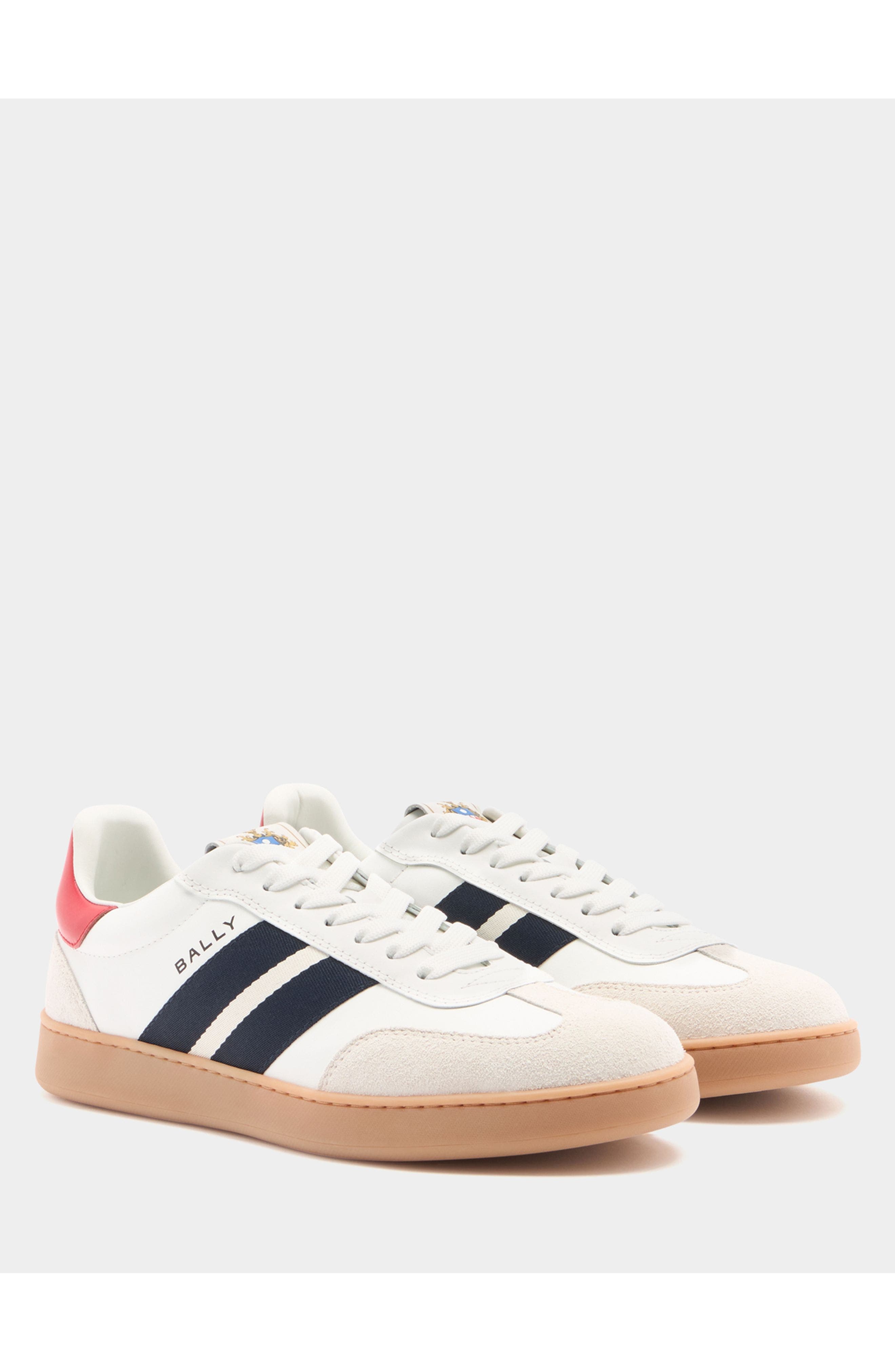 Bally Retro Crest Sneaker in Plain Leather, Alternate, color, White/Swiss Red