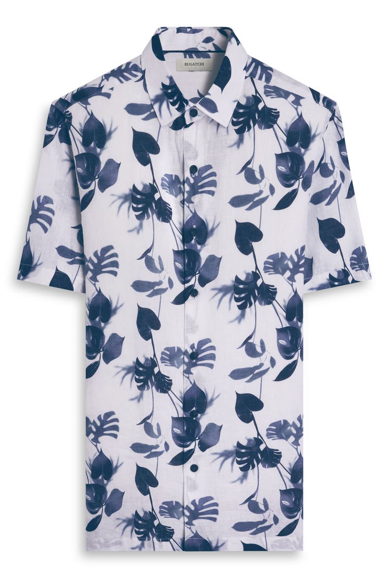 Bugatchi Orson Shaped Fit Leaf Print Short Sleeve Button-Up Shirt, Alternate, color, Navy