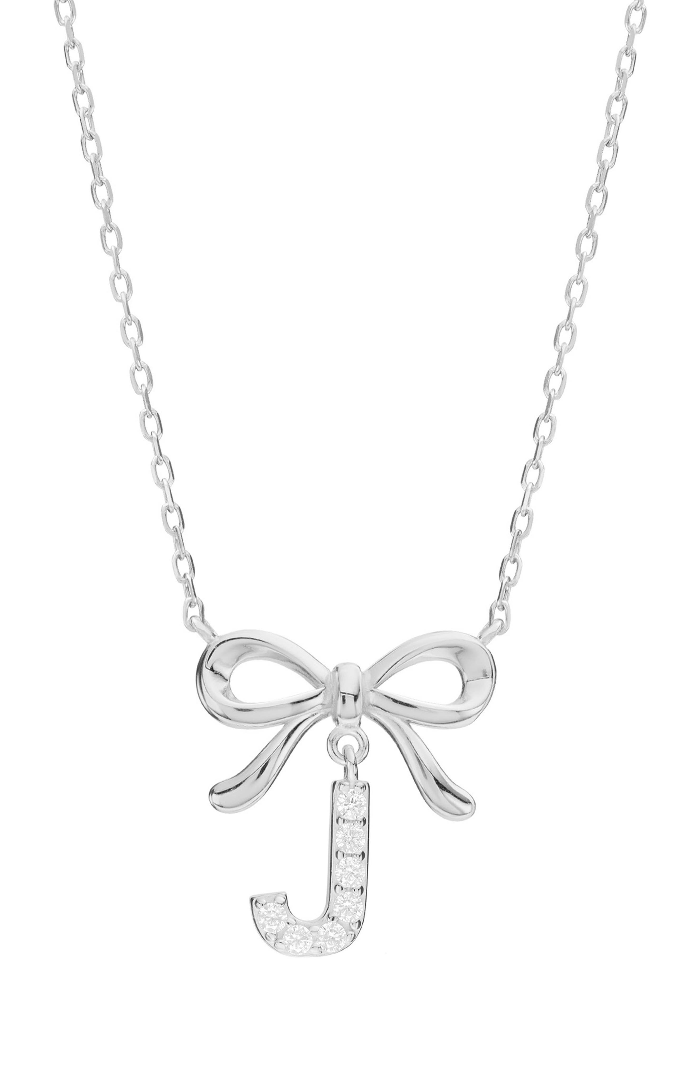 ATHRA LUXE Cubic Zirconia Bow Initial Pendant Necklace in J Silver 
