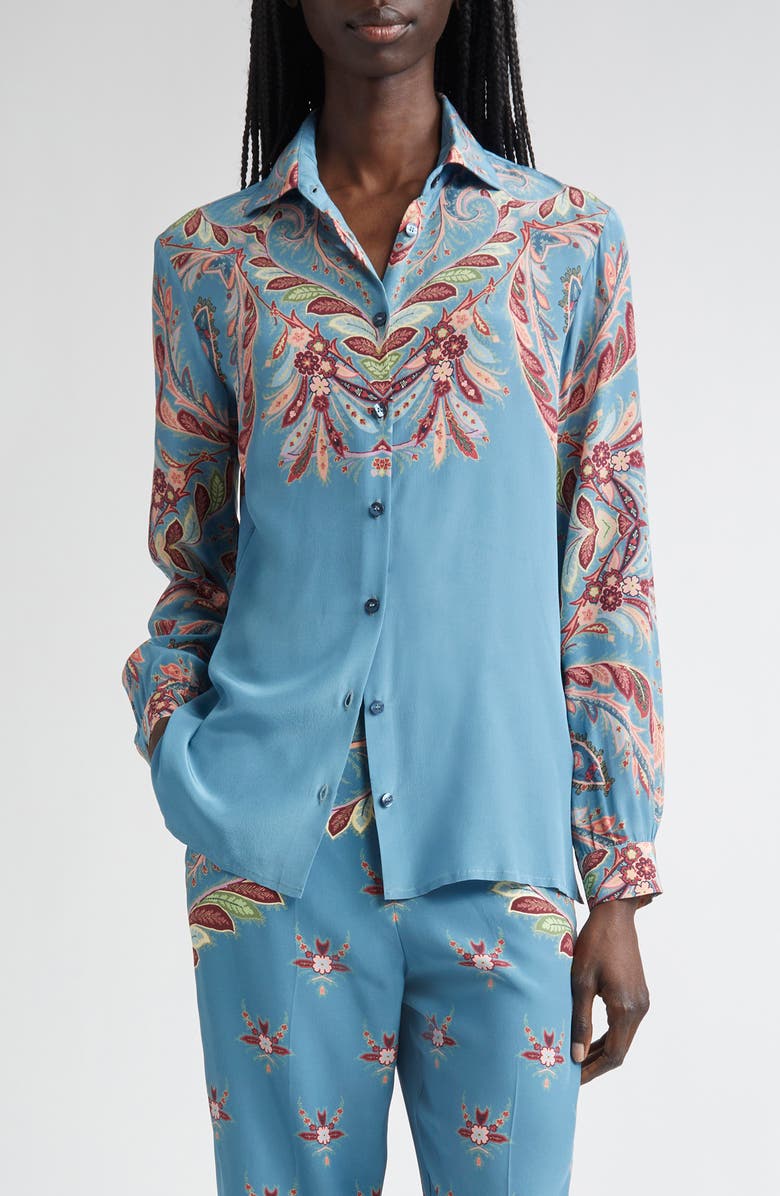 Etro Paisley Silk Button-Up Shirt, Main, color, Printed Blue Base