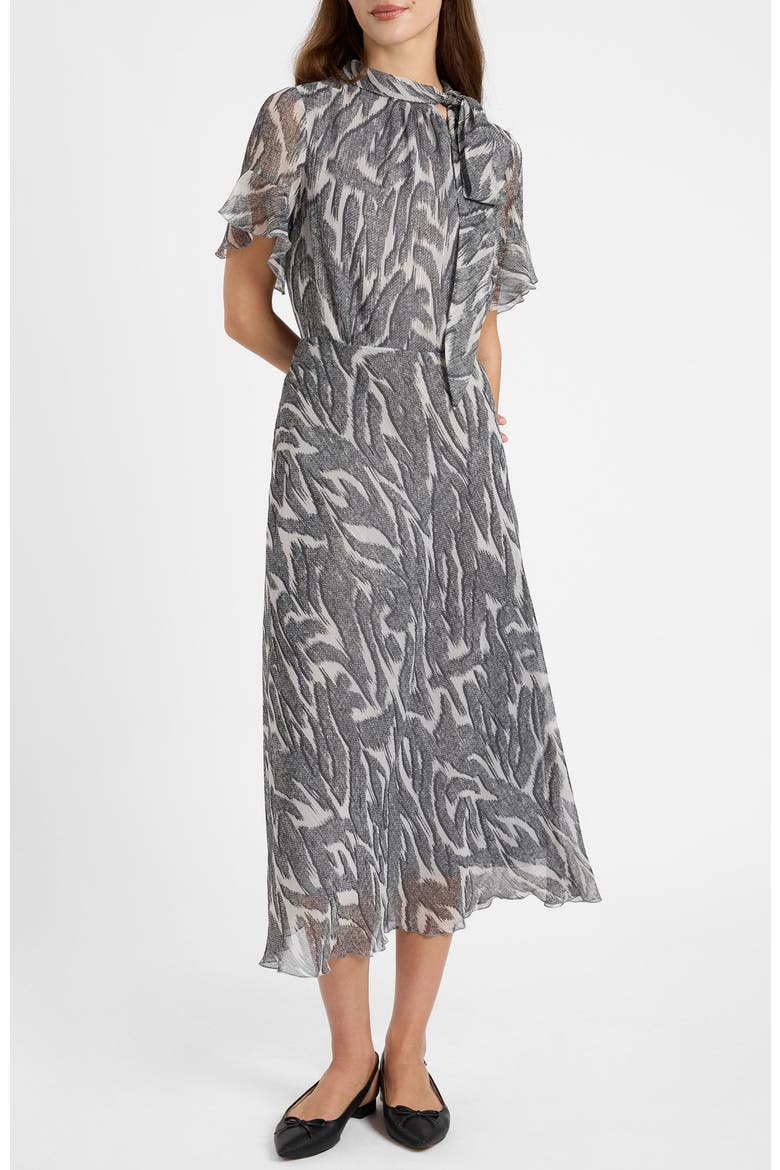 Sabrina Tie Neck Short Sleeve Midi Dress, Alternate, color, Onyx Multi