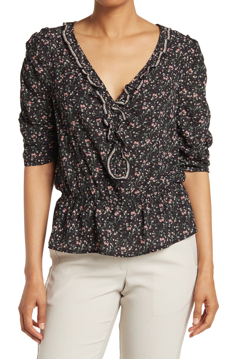 MAX STUDIO Ruched Sleeve Ruffle Placket Blouse, Main, color, 