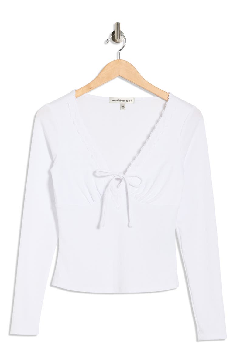 Madden Girl Tie Front Lace Trim Top, Main, color, White