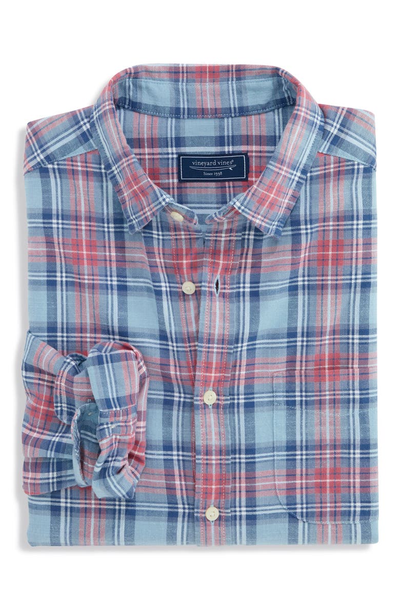 Folly Beach Plaid Island Slub Cotton Spread Collar, Alternate, color, JAKE BLUE