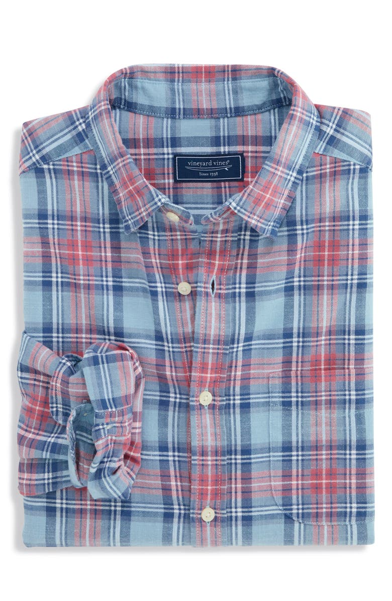vineyard vines Folly Beach Plaid Island Slub Cotton Spread Collar, Alternate, color, Jake Blue
