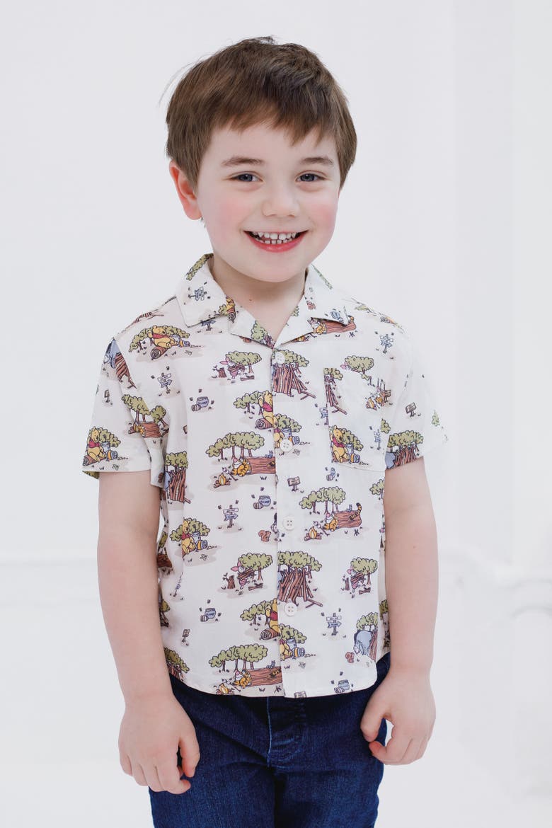 Winnie the Pooh Short Sleeve Button Down Shirt, Alternate, color, Beige