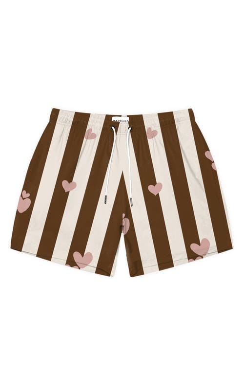 Mavrans Stripes & Hearts Waterproof Swim Trunks In Pink/brown