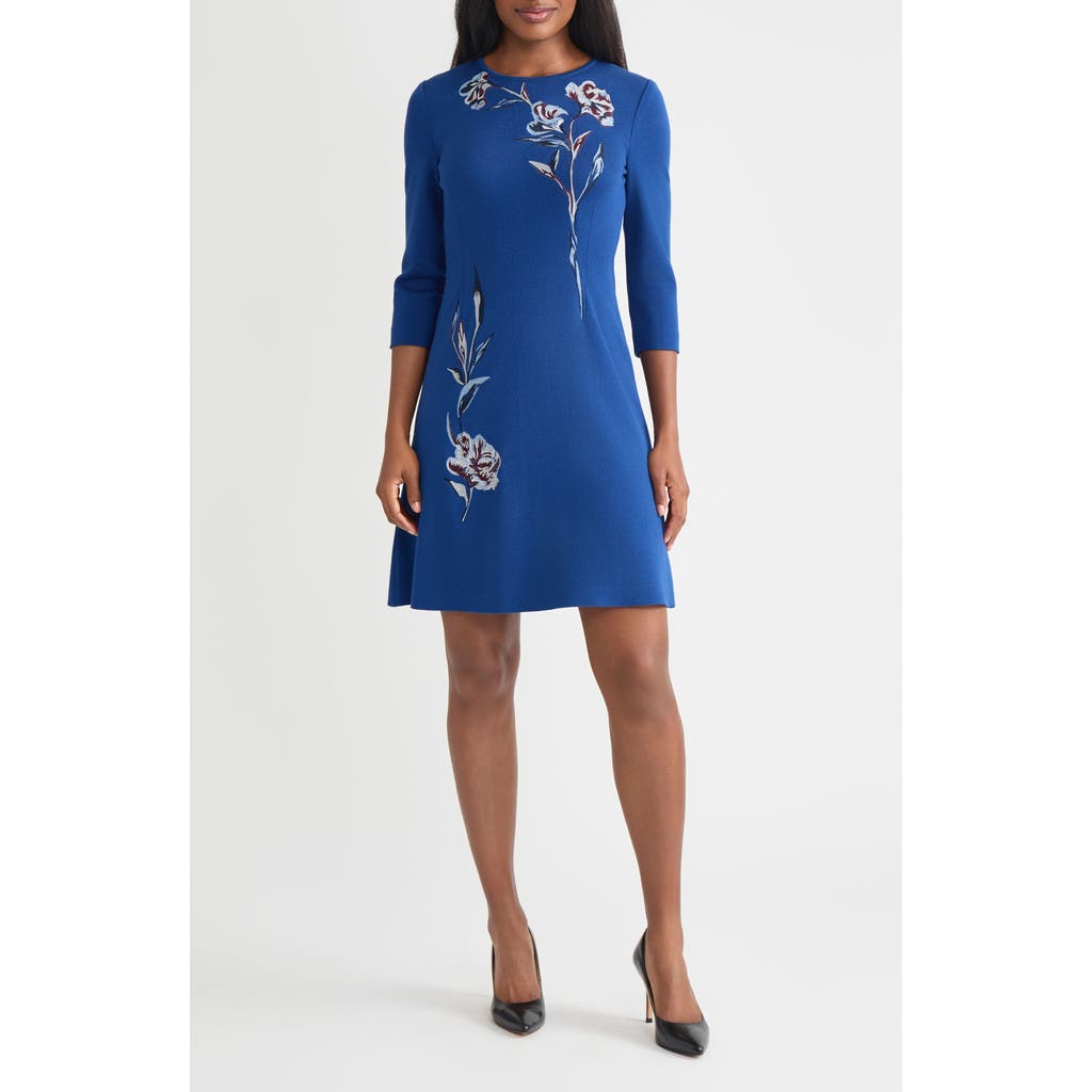 Misook Floral Embroidered Fit & Flare Dress In Blue