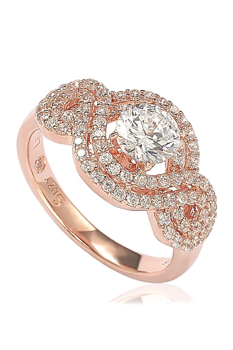 Rose Plated Sterling Silver Round Cubic Zirconia Halo Engagement Ring, Main, color, ROSE