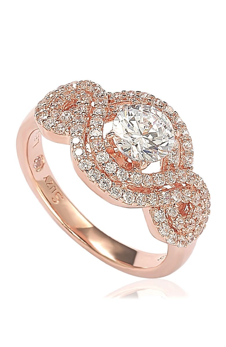 SUZY LEVIAN Rose Plated Sterling Silver Round Cubic Zirconia Halo Engagement Ring, Main, color, Rose