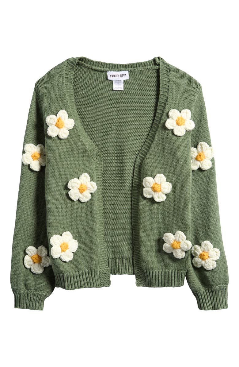 Tween Diva Kids' 3D Flower Cardigan, Main, color, Olive