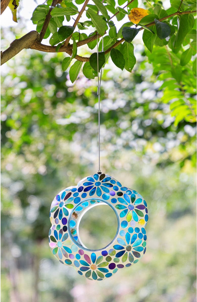 Glitzhome 8.5"D Glass Flower Shaped Hanging Mosaic Birdfeeder, Alternate, color, Blue