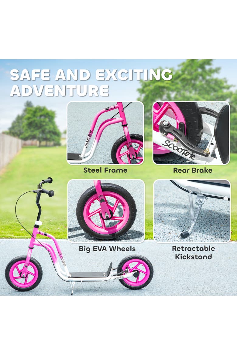 Kids Scooter, Lightweight Scooter with Adjustable Handlebar, Rear Brake, Kickstand, Footplate, 12" EVA Wheels, for 5-12 Years, White, Alternate, color, Pink