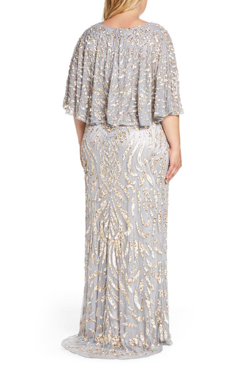 Sequin Cape Sleeve Mesh Evening Gown, Alternate, color, PLATINUM GOLD