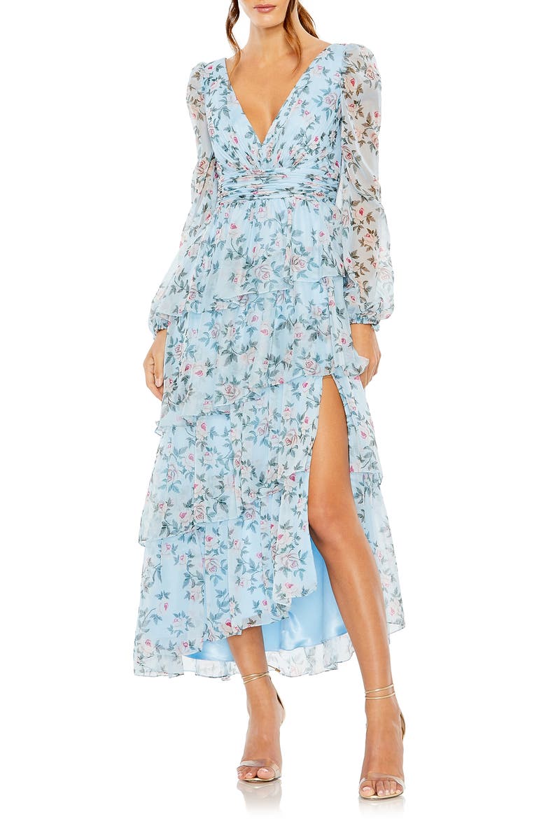 Puff Sleeve Floral Printed Dress, Main, color, AQUA MULTI