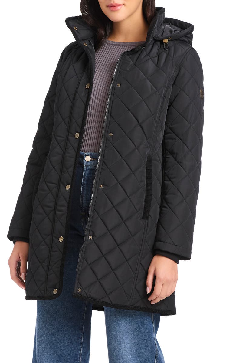 Vince Camuto Water Resistant Quilted Coat with Removable Hood, Alternate, color, Black