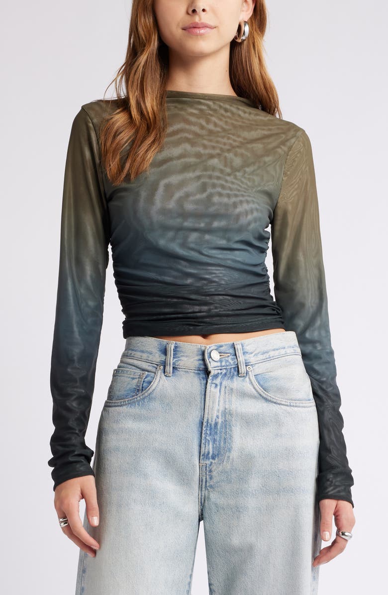 Open Edit Ruched Mock Neck Mesh Top, Main, color,