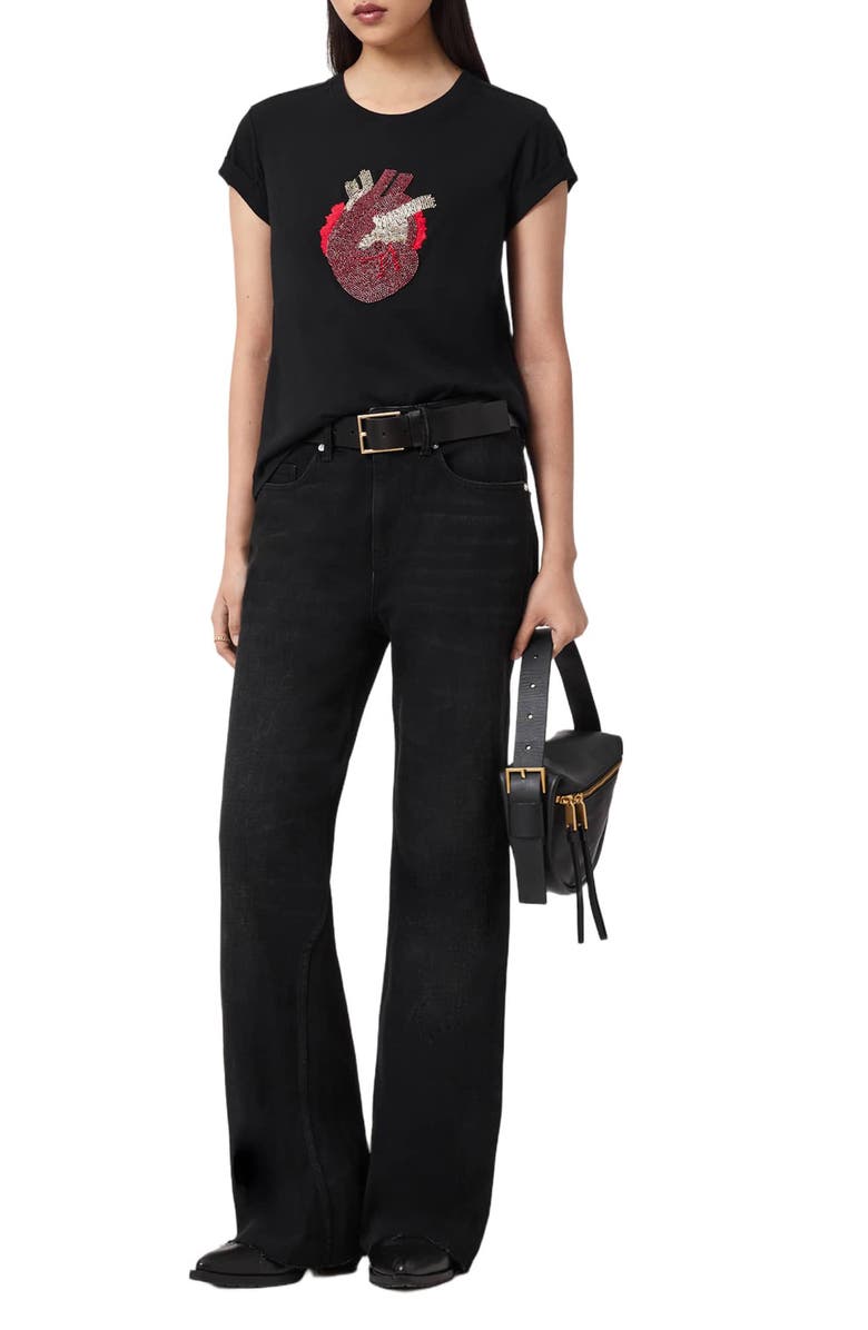 AllSaints Andrea Anna Embellished Beaded Heart T-Shirt, Alternate, color, Black