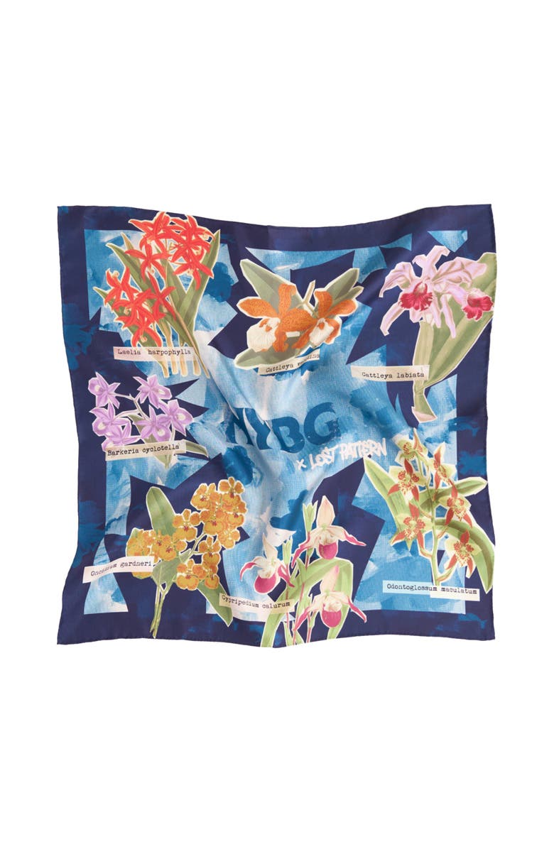 Lost Pattern X NYBG "Orchid On the Block" Silk Bandana Scarf, Alternate, color, Blue