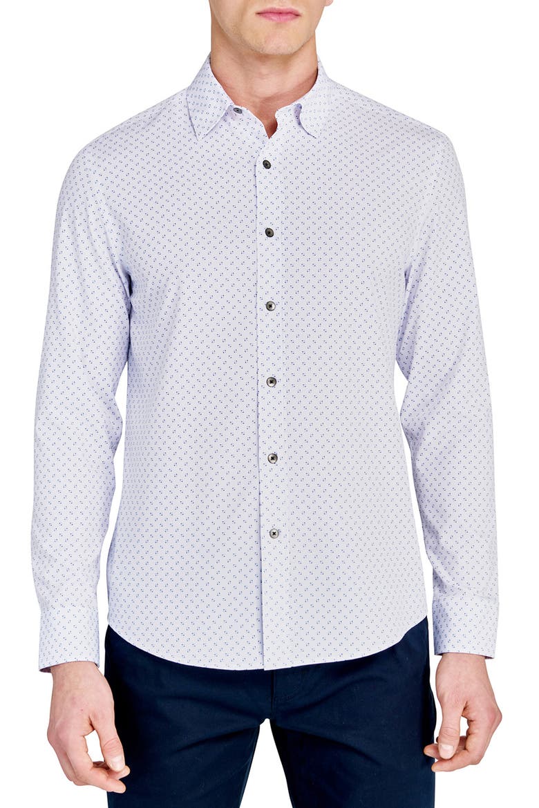 Trim Fit Abstract Square Print Performance Button-Up Shirt, Main, color, BLUE