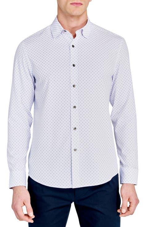 Trim Fit Abstract Square Print Performance Button-Up Shirt