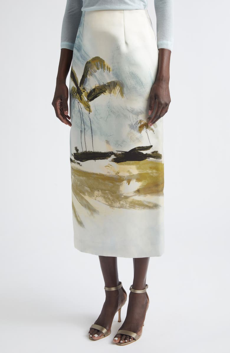 Oscar de la Renta Dominican Landscape Satin Pencil Skirt, Alternate, color, Blue Green Multi