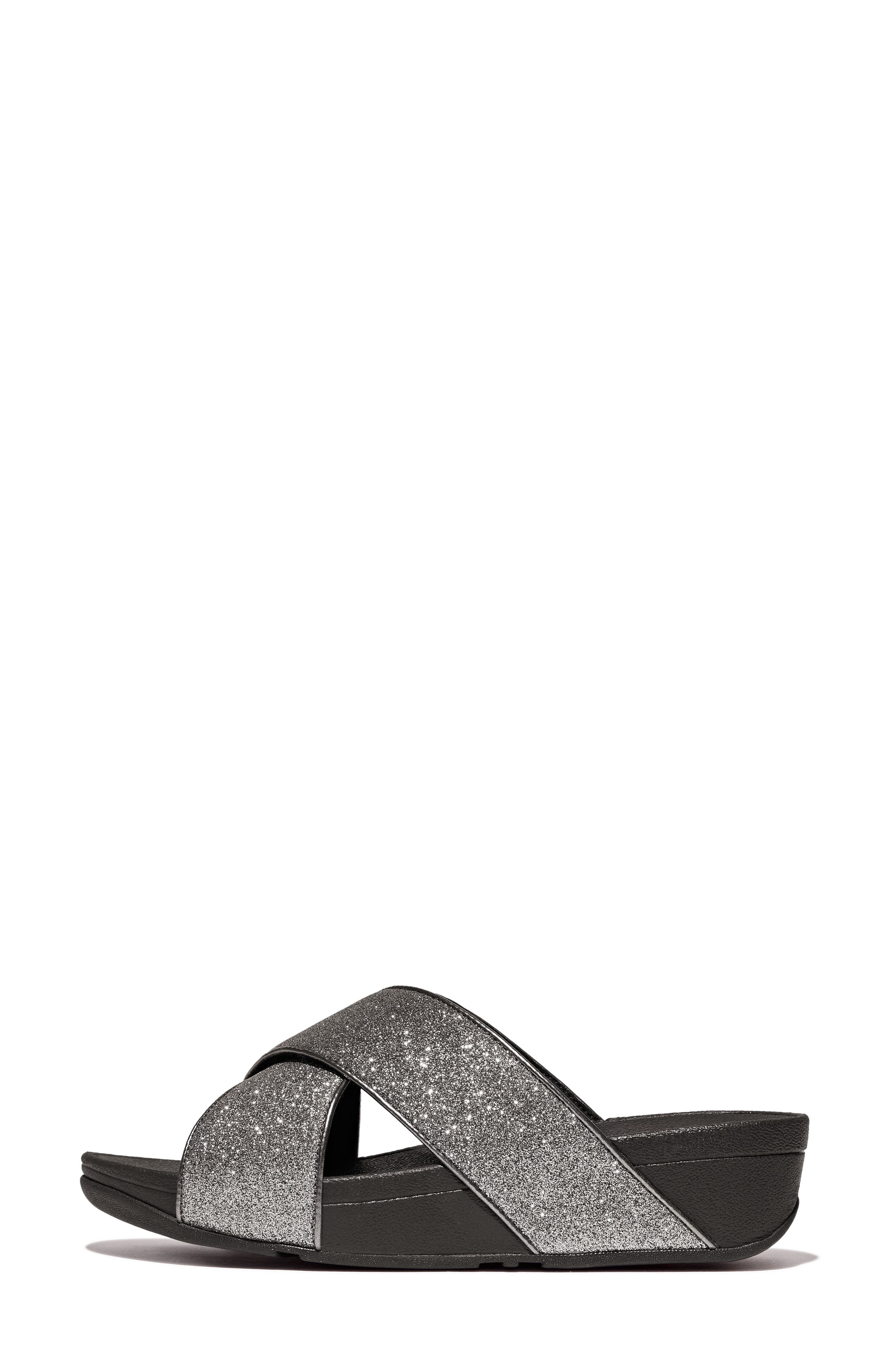FitFlop Lulu Glitterdust Platform Wedge Slide Sandal, Alternate, color, Pewter