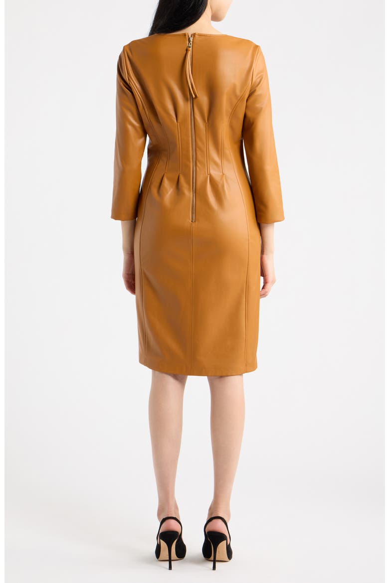 Pleated Waist Faux Leather Sheath Dress, Alternate, color, TOAST