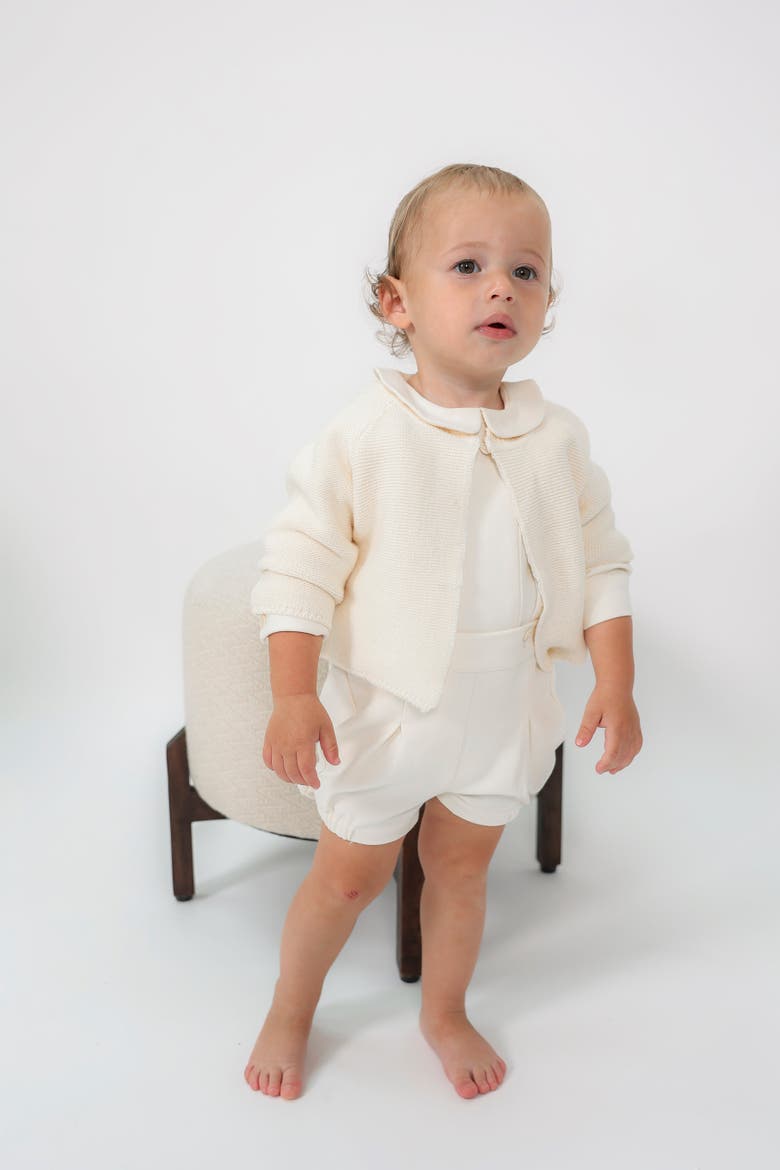 3 Piece Set, Collared Long Sleeve Shirt, Shorts and Knit Cardigan, Alternate, color, Cream