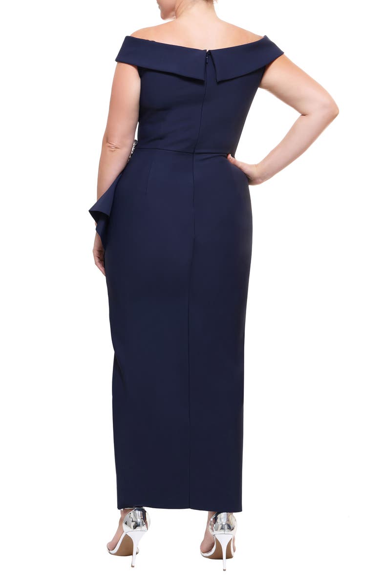 Alex Evenings Off the Shoulder Side Swept Evening Gown, Alternate, color, Navy