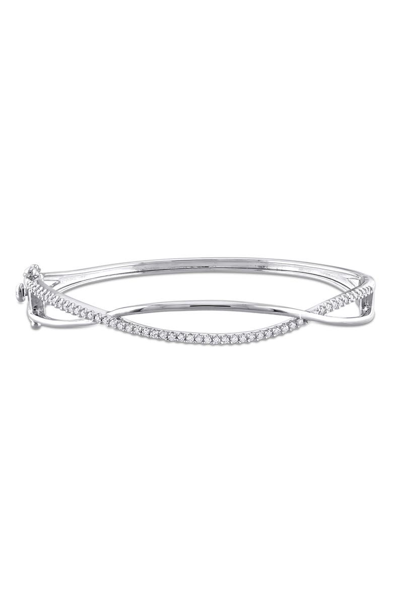 DELMAR Lab-Created Moissanite Crossover Bangle Bracelet, Main, color, Silver/ White