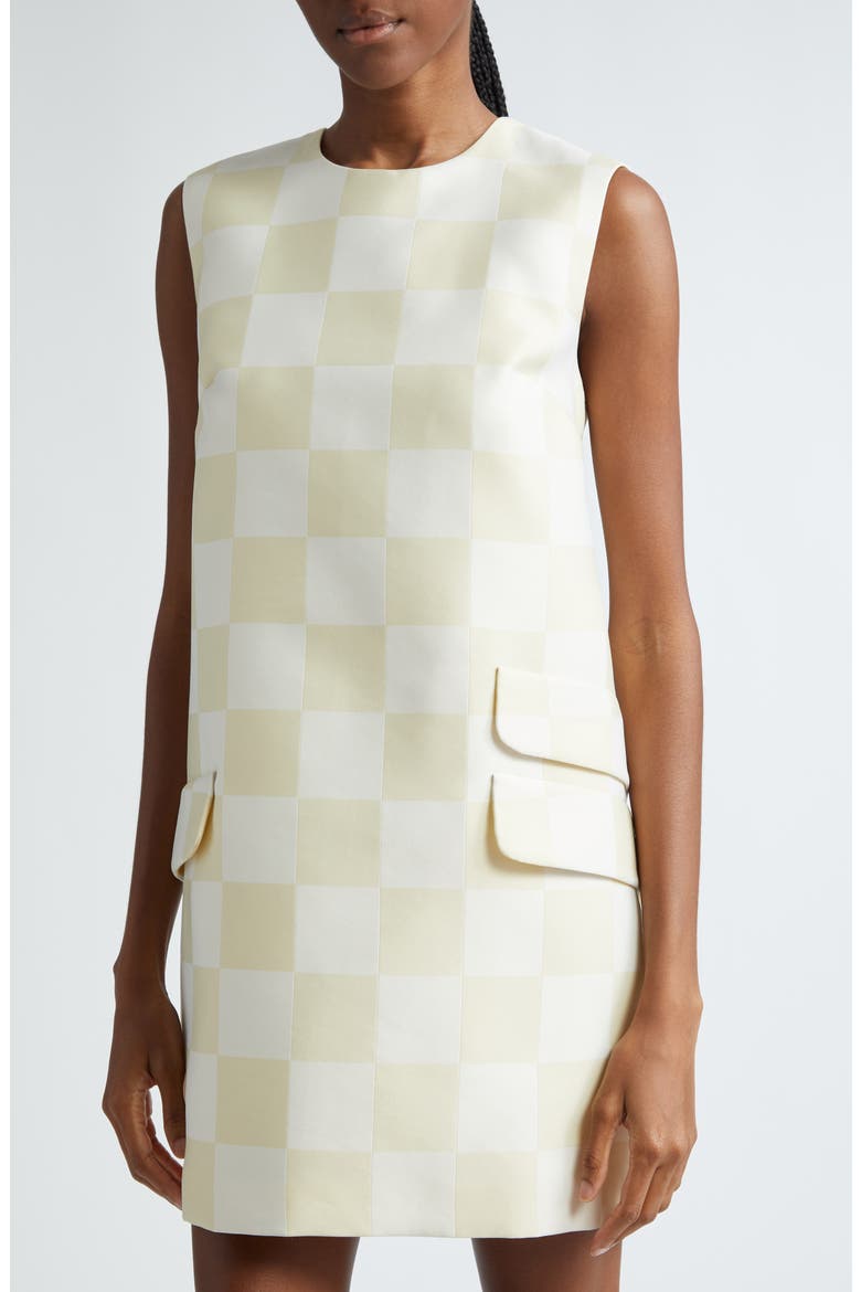 Check Duchesse Satin Shift Minidress, Alternate, color, LIGHT SAND