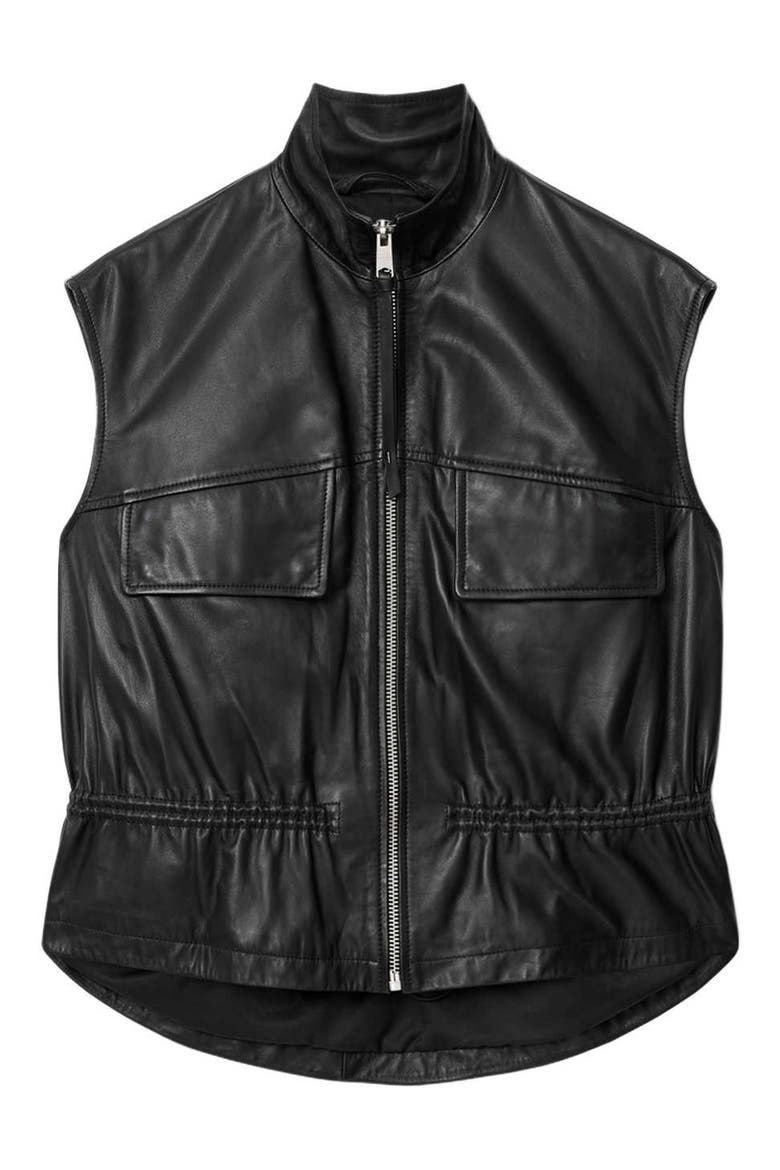 Flor Zip-Up Leather Gilet, Alternate, color, BLACK