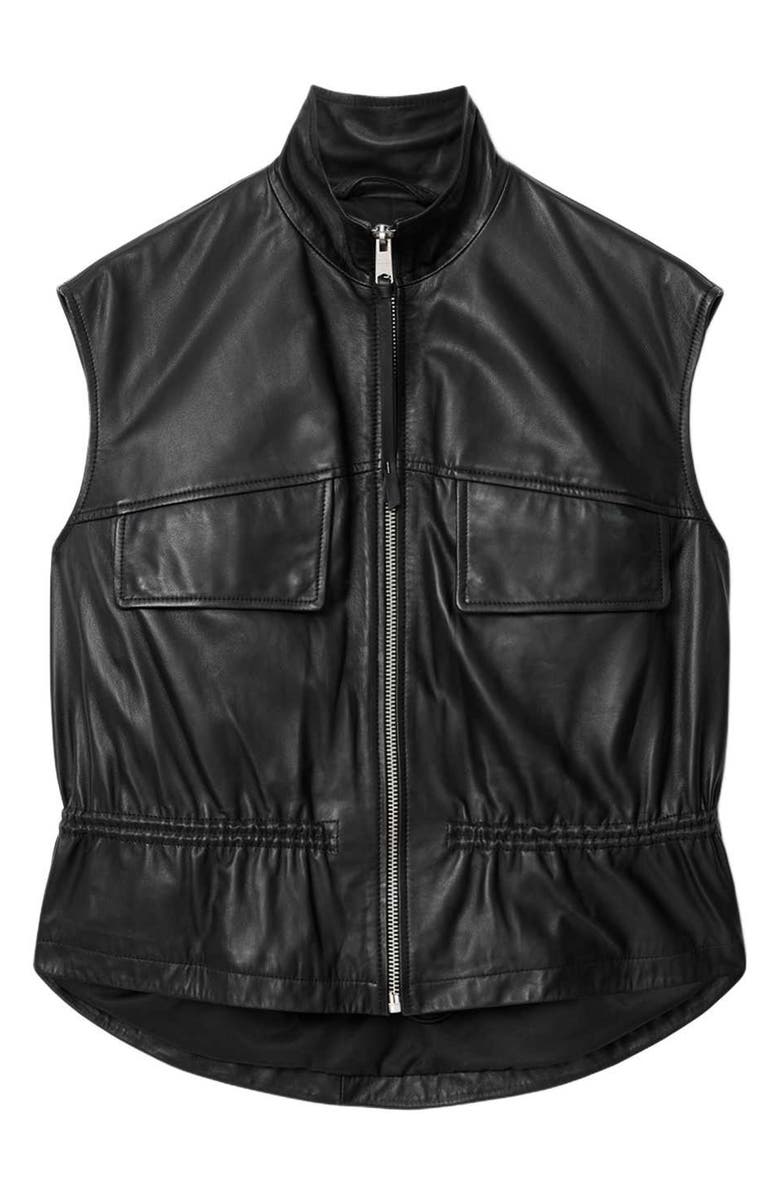 AllSaints Flor Zip-Up Leather Gilet, Alternate, color, Black