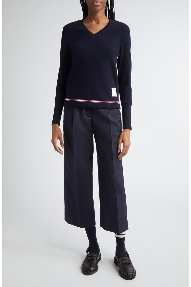 Tricolor Trim V-Neck Sweater, Alternate, color, NAVY