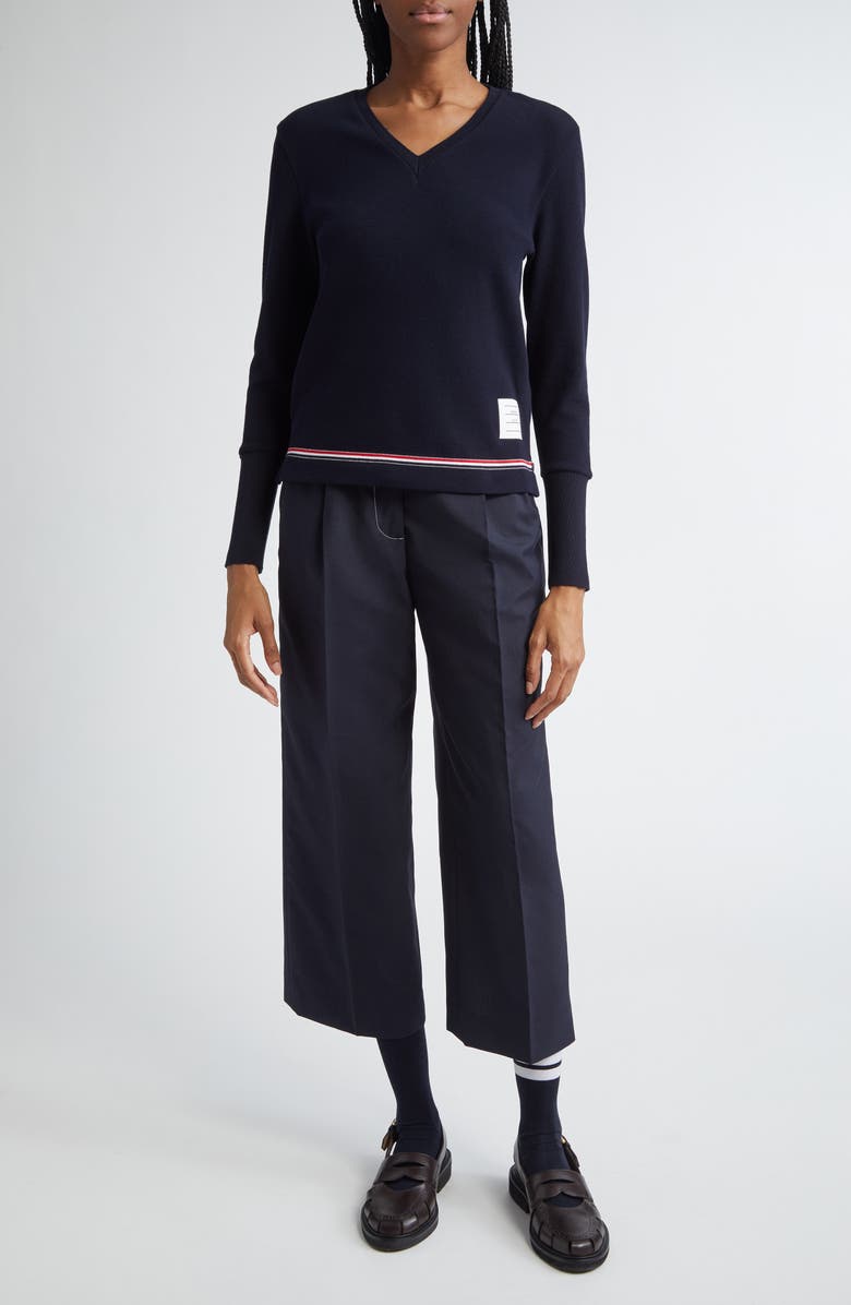 Thom Browne Tricolor Trim V-Neck Sweater, Alternate, color, 