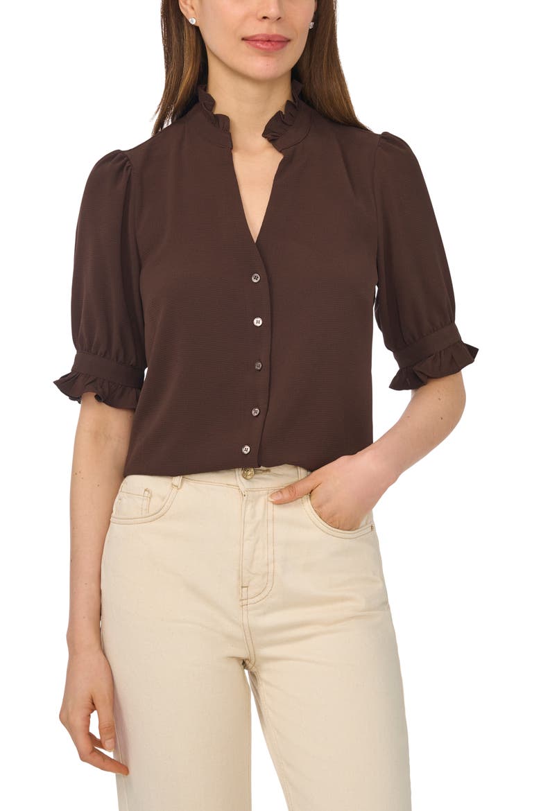V-Neck Button-Up Shirt, Main, color, COFFEE BEAN