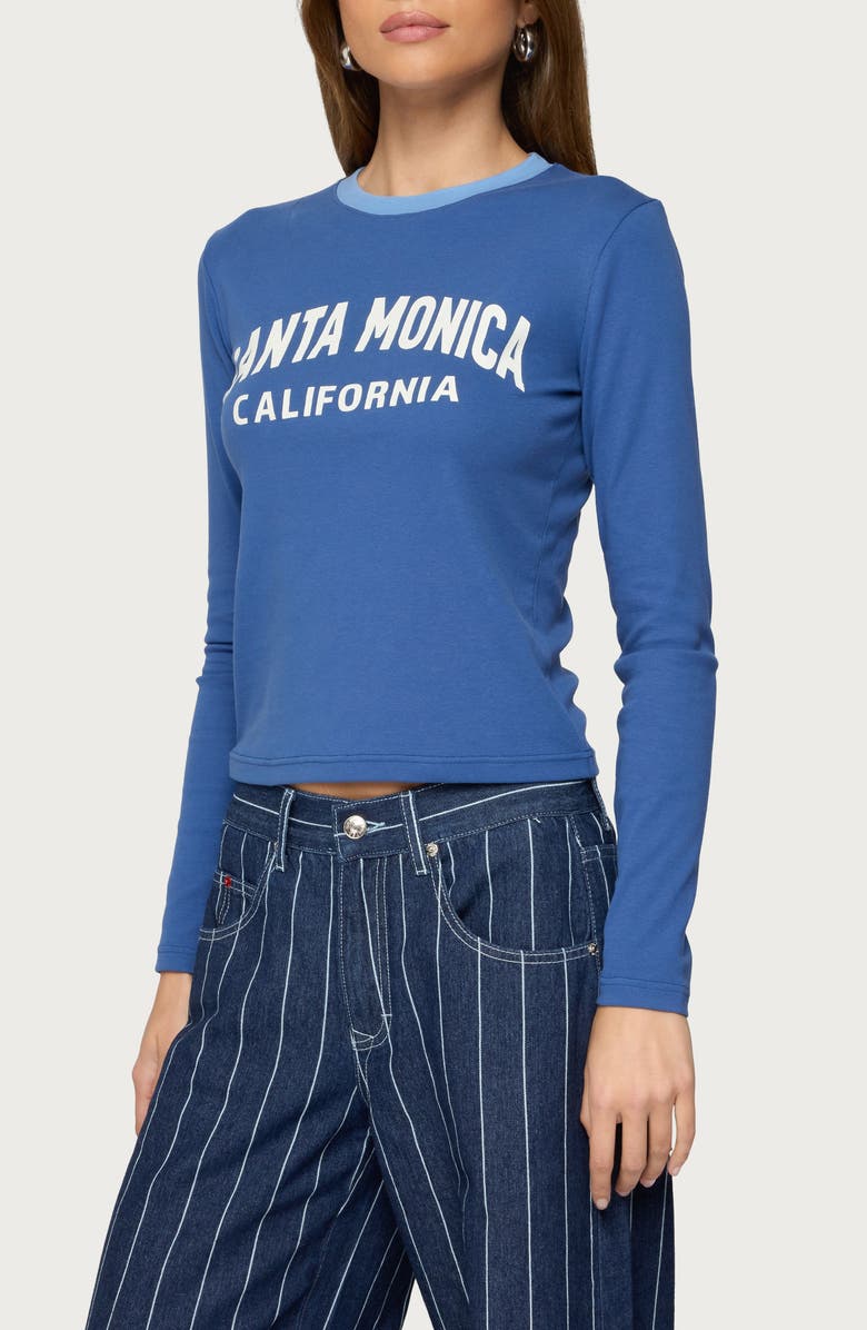 EDIKTED Santa Monica Long Sleeve Stretch Cotton Graphic T-Shirt, Alternate, color, Blue