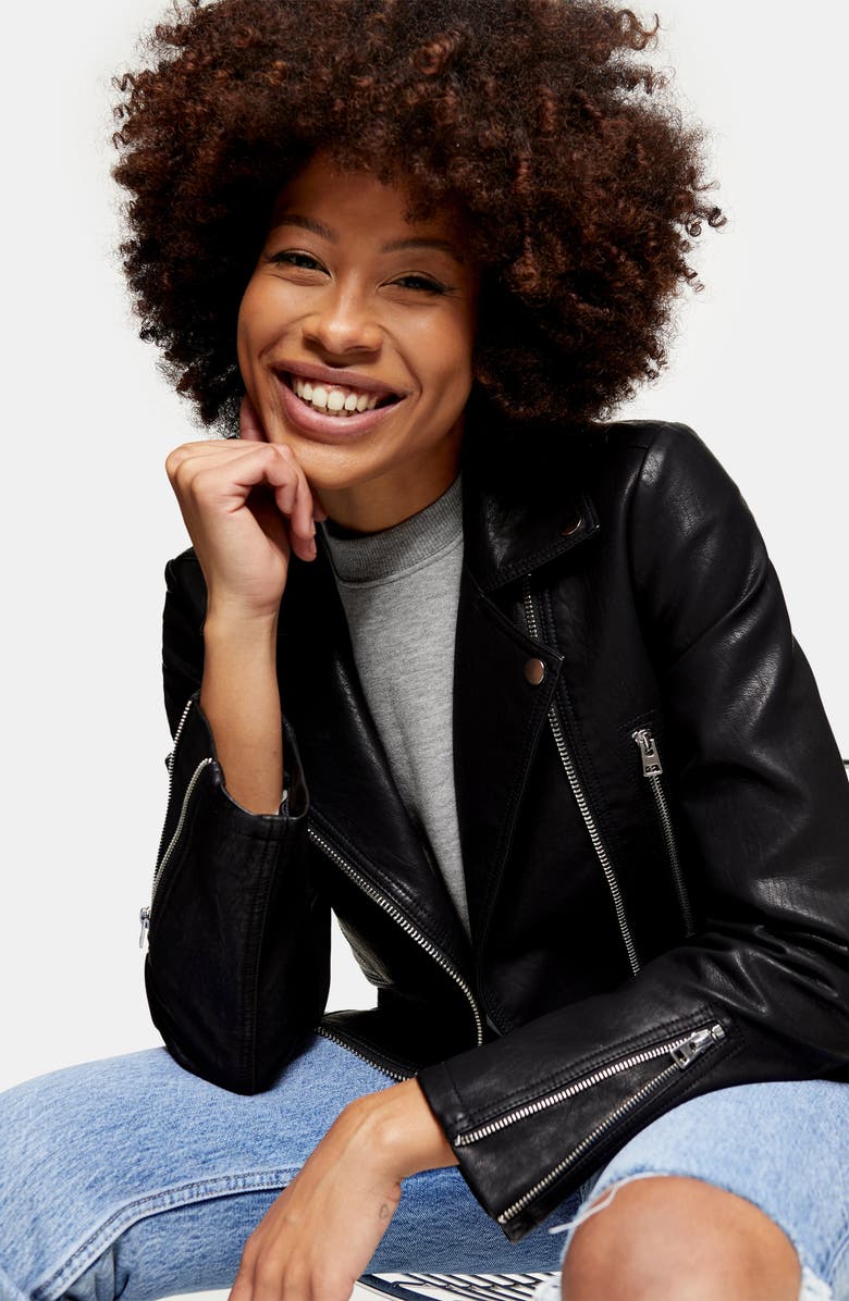 Topshop Fred Faux Leather Biker Jacket, Alternate, color,