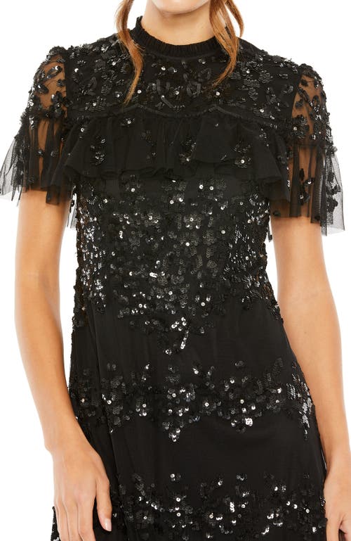 Mac Duggal Sequined High Neck Ruffled Flutter Sleeve Midi Dress In Black